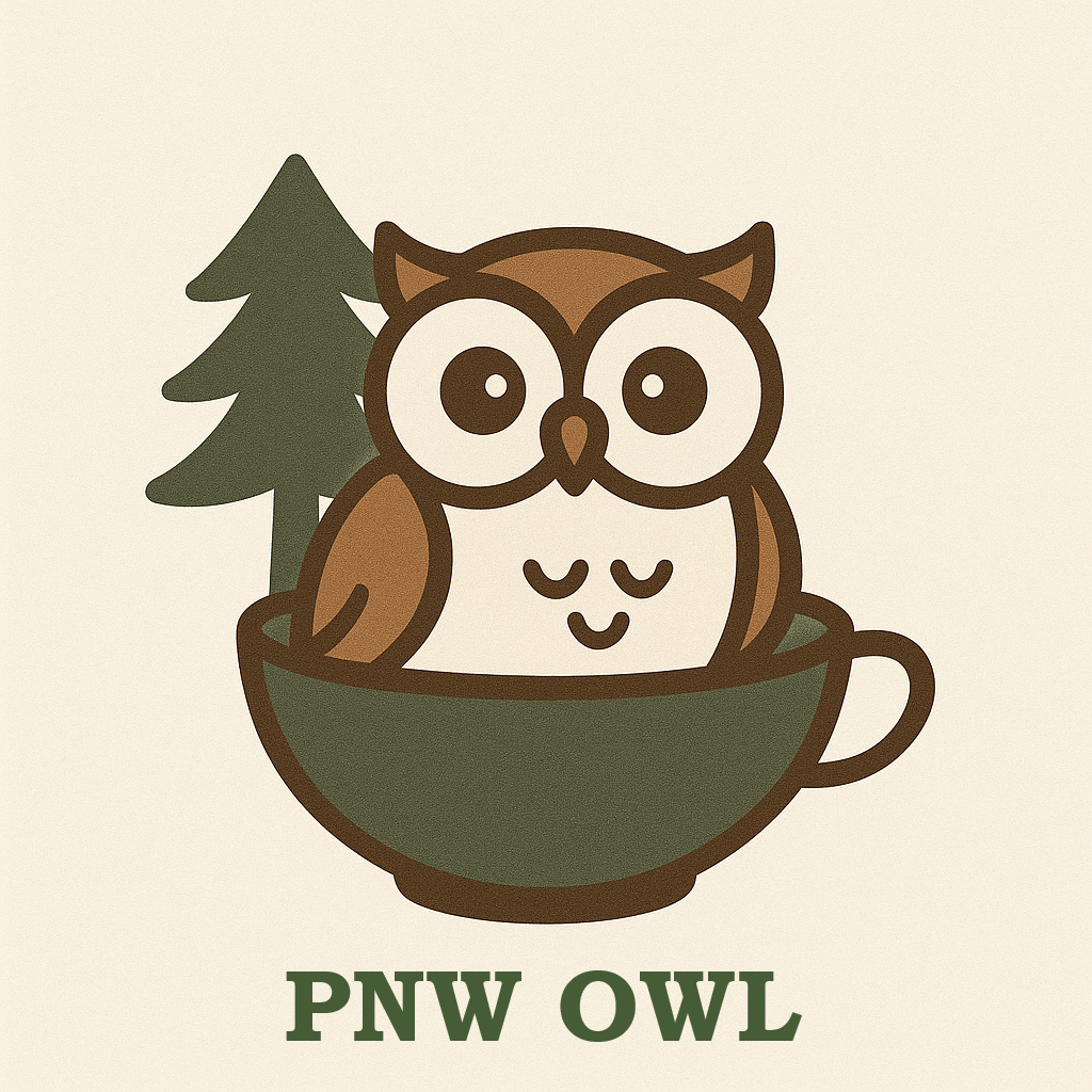 owl inside bowl with a pine tree on the background