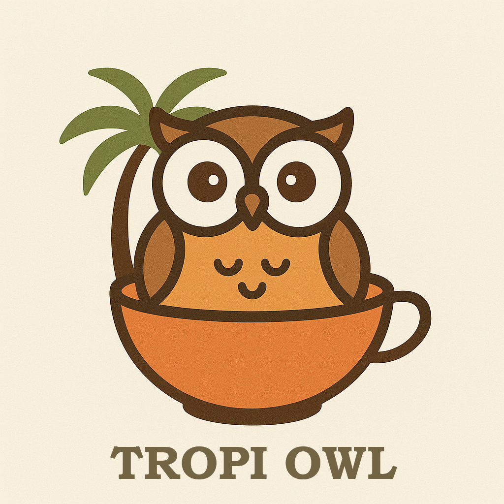 owl inside bowl with a palm on the background